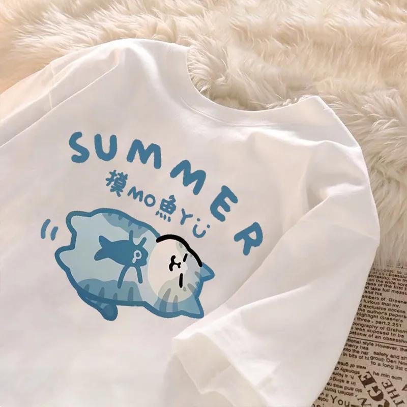 Fun Cute Fish Sleeping Kitten Print Fashion Summer Japanese Cartoon Fashion Retro Trend Couple Casual Tshirt Top