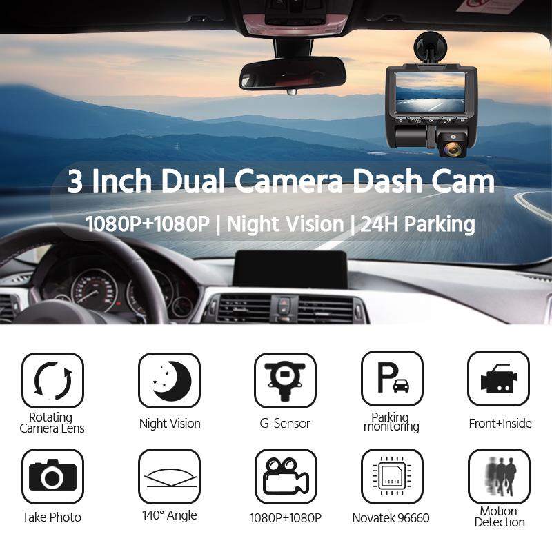 E-ACE Camera Dash Cam 3Inch Car DVR Front And Inner Dual Lens 1080P Loop Video Recorder Night Vision 24H Parking Monitor