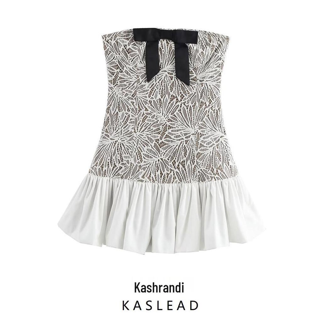 Frühling 2025 Damen trägerloses Kleid mit Spitzen-Schleifen-Dekor - Europäischer & Amerikanischer Stil