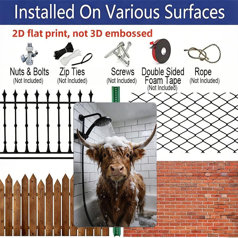 2D Flat, 1pc Funny Highland Cow In Shower Aluminium Metal Wall Decor Sign - 8"x12" Humorous Bathroom Decor, Cute Highland Cattle Bathtub Wall Art