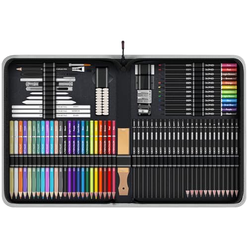 HIFORNY Professional Drawing & Sketching Set: Includes Graphite, Charcoal, Color, Watercolor, and Metallic Pencils, Blending Tool, Sketchbook, Colorin