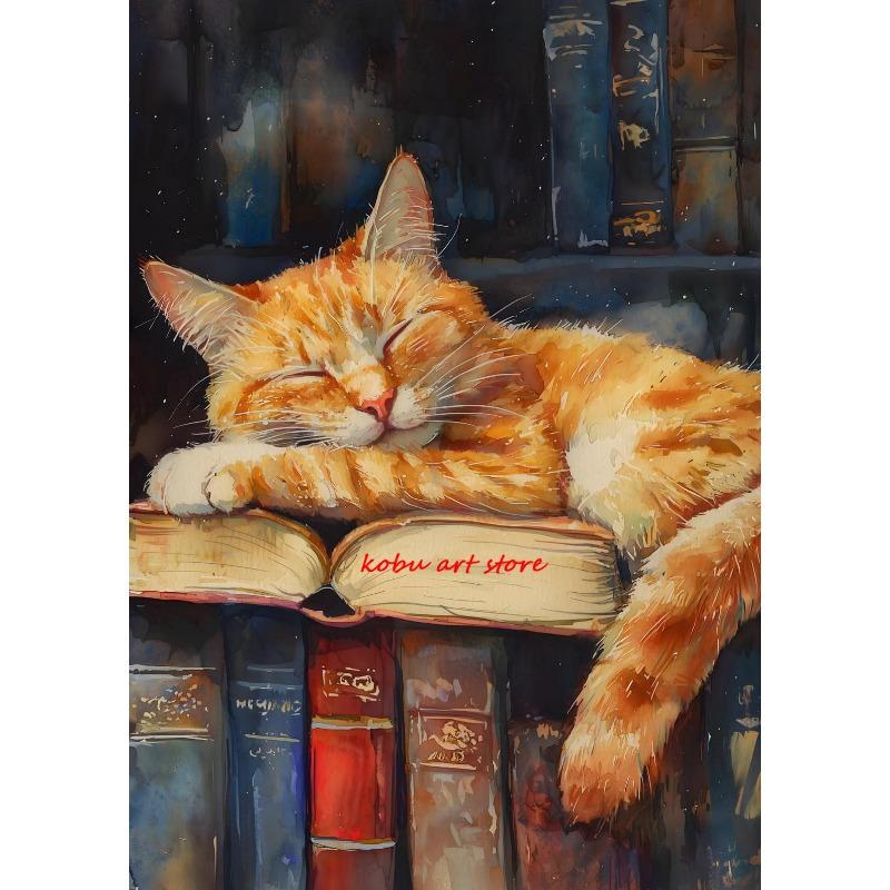 Vintage Sleeping Cat Antique Posters Canvas Printing Stack Books Lazy Cat Bookish Wall Art Picture for Library Home Room Decor