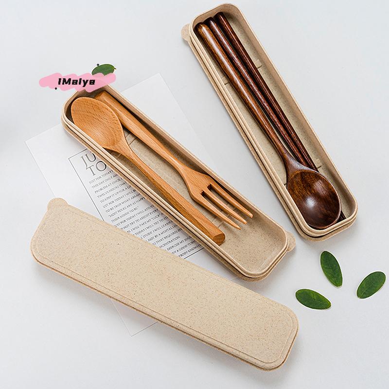 1 Set Handmade Natural Wooden Dinner Kit with Spoon Fork Chopsticks - Kitchen Accessories Storage Box