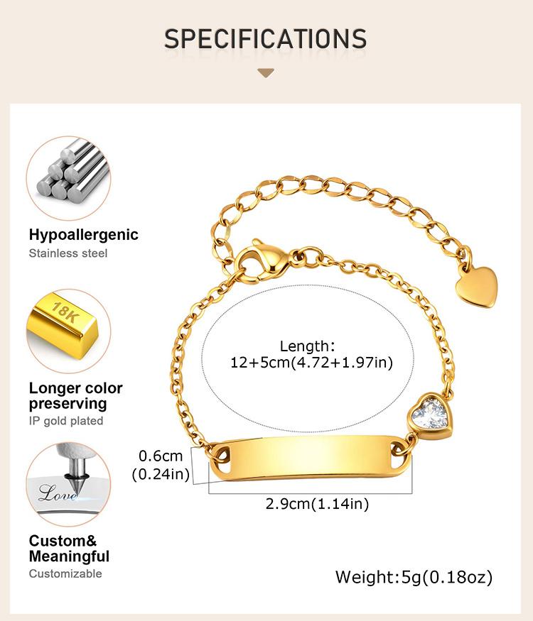 Heart Zircon Kids Bracelet Gold Plated Stainless Steel Adjustable Bangle for Girls Waterproof Toddler Waterproof Birthday Gift