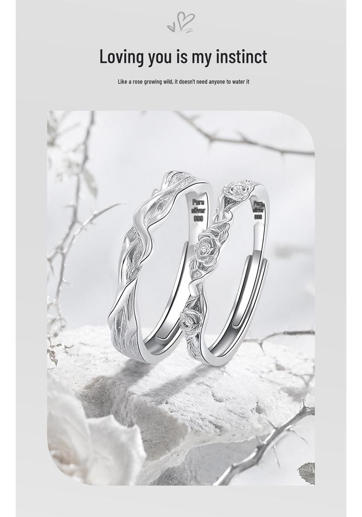 Rose Couple Rings - 999 Sterling Silver Index Finger Rings, Original Design, Pure Silver Gift for Girlfriend