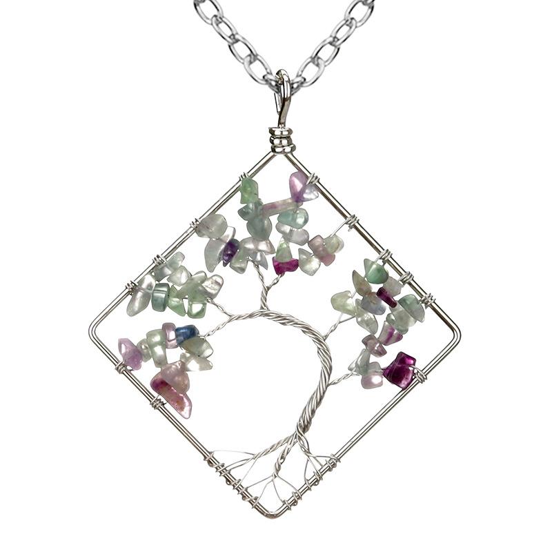 Wrapped Colorful Natural Stone Crystal Square Curved Tree Of Life Pendant Necklace N08 Fresh And Sweet