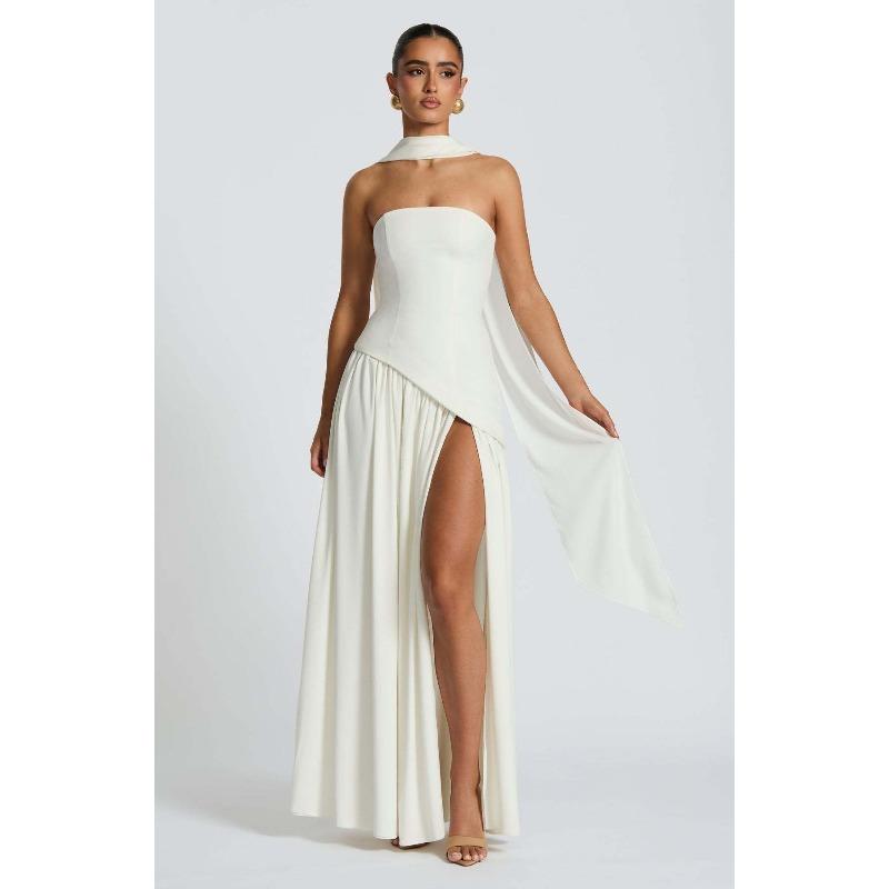 Dames Bandeau Top Effen Kleur Jurk met Split Modieus en Sexy Halter Hoge Split Lange Jurk Nieuw