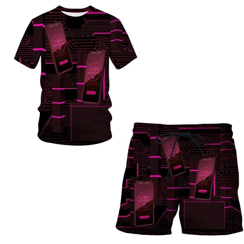 3D-Druck übergroßes modisches T-Shirt-Shorts-Set Harajuku Freizeit reifer Kurzarmanzug Mobile Technologie Zweiteiliges Set