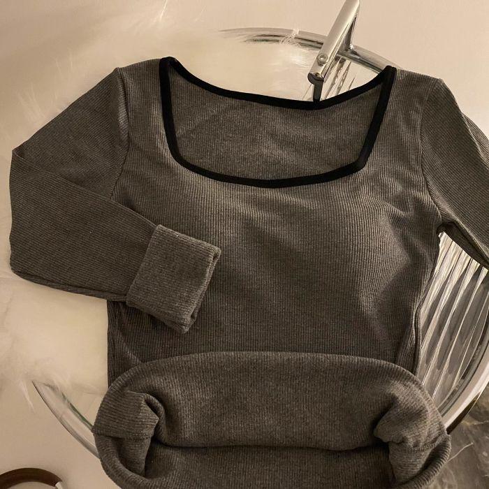 

Women s Slim Fit Velvet Square Neck Top – Warm, Long-Sleeved, Versatile, and Flattering for Autumn & Winter. Medium серый