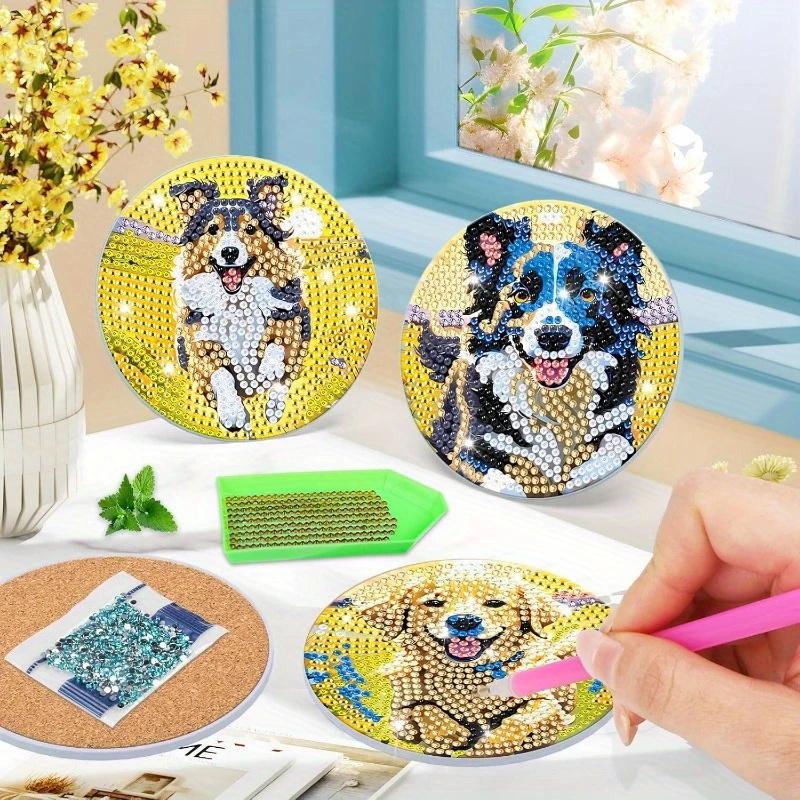 8 Pieces/set of Diamond Painted Dog Patterned Coasters, DIY Coasters with Holder, Suitable for Beginners and Adults, Art and Craft Supplies Gifts