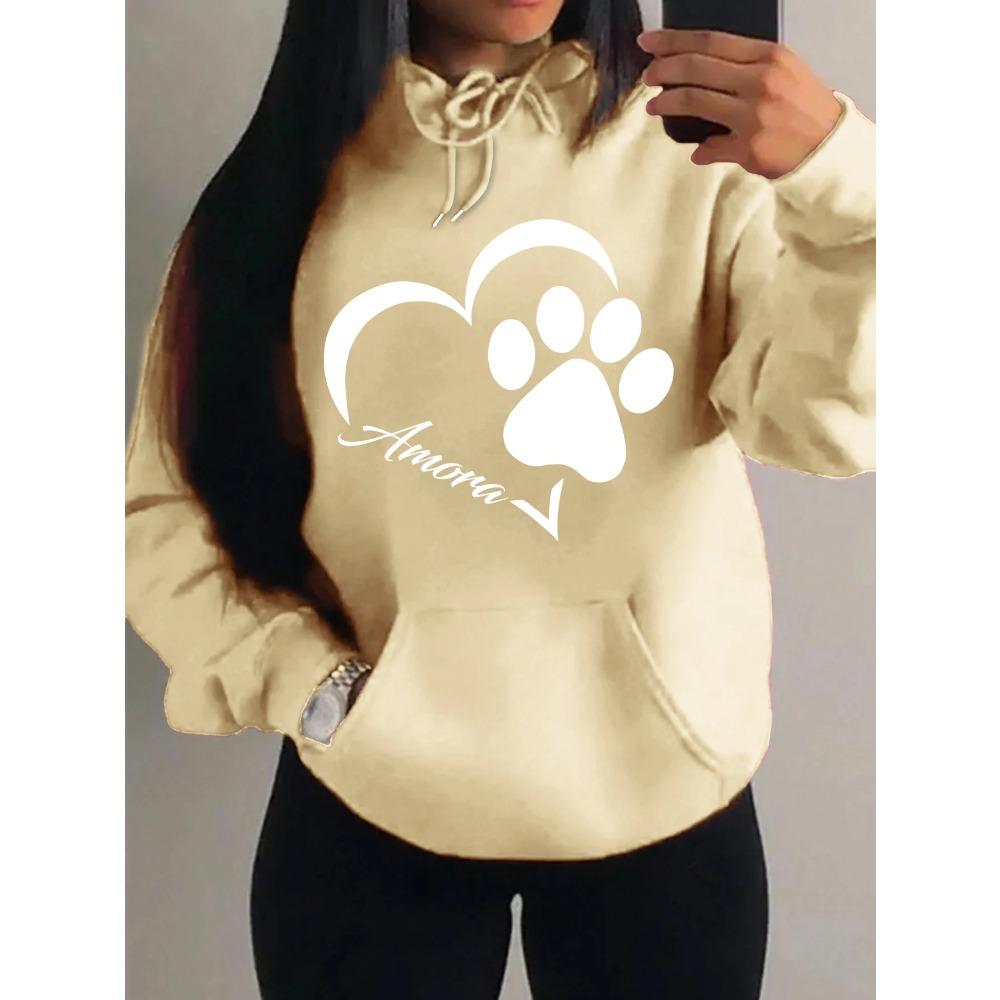 Love And Little Cat Foot Creative Print Women Hoody Fashion Autumn Sweatshirt Pocket Hoodie Sport Style Comfortable