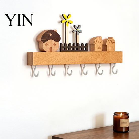 Home Organization Accessory Solid Wood Key Holder with 6 Hooks, Decorative Wall Hanging Storage Rack, Tool Hanger Space Saving Mounted Organizer