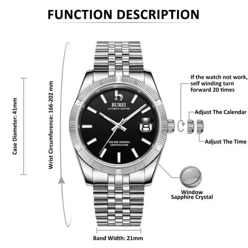 BUREI Men's Automatic Mechanical Watch, Waterproof, Analog, Popular for Business, Date Display, Black, Stylish, Simple, Luminous Watch