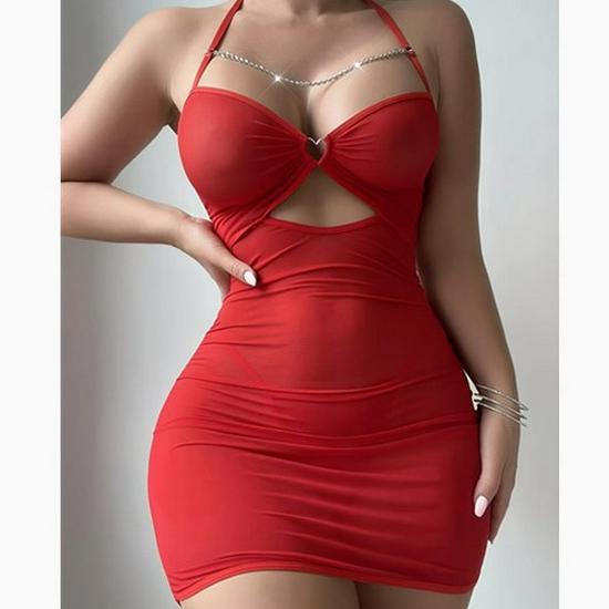 European & American Sexy Mesh See-through Lingerie Nightdress & Thong Set with Chain Accents