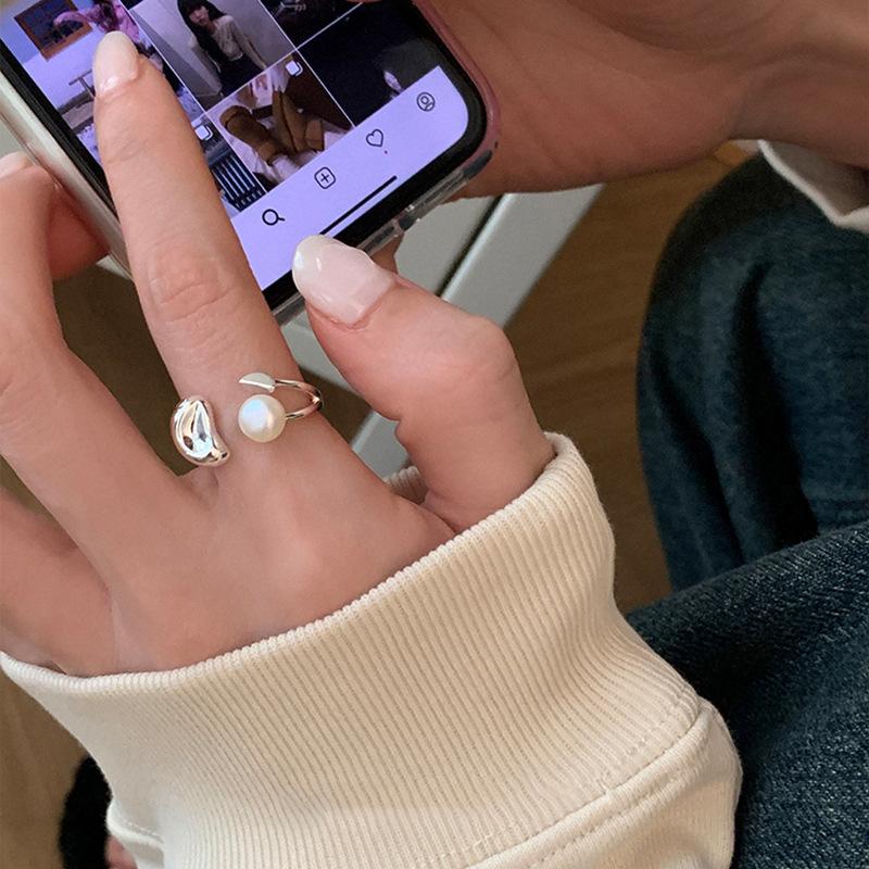 Adjustable Sophisticated Womens Pearl Open Ring Modern Geometric Copper Jewelry Hand