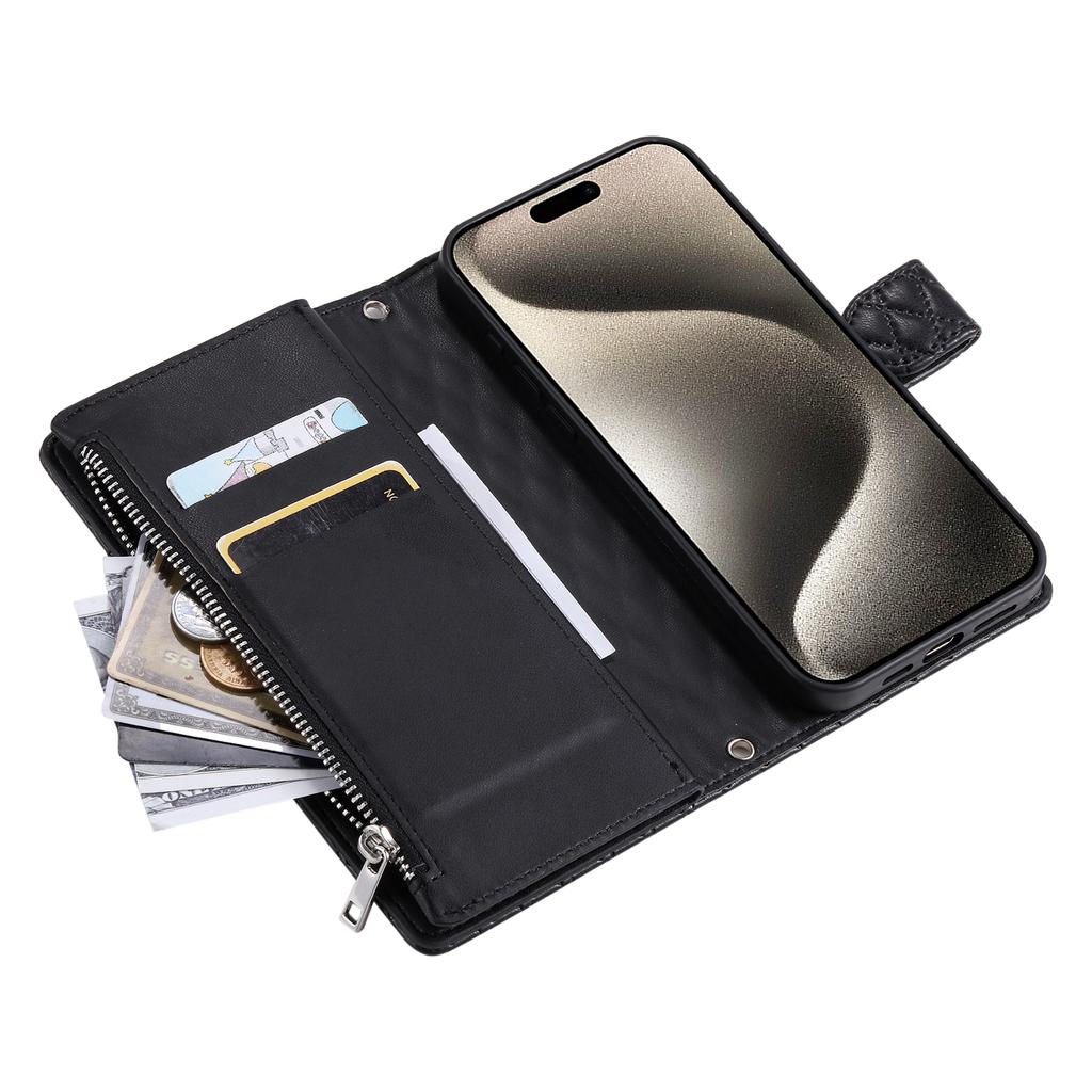 For iPhone 17 Pro Max Case Zipper Pocket Glitter Leather Phone Cover with Wrist Strap