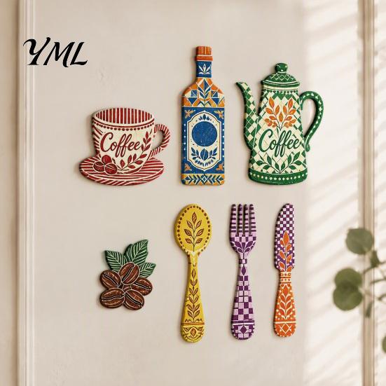 Coffee Shop Wall Art 7Pcs Themed Wooden Decor, 2D Flat Farmhouse Kitchen Ornaments Plaques, Country Style for Dining Room Cafe Home Decoration Accents