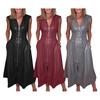 Women's Faux Leather Front Zip Long Dress V Neck Sleeveless Smocked High Waist Pleated