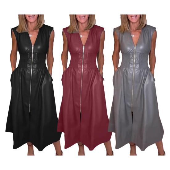 Women's Faux Leather Front Zip Long Dress V Neck Sleeveless Smocked High Waist Pleated