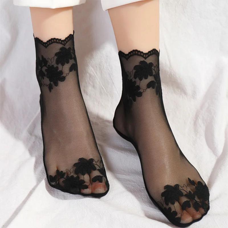 New Summer Short Socks Women Mesh Lace Transparent Lolita Style Invisible Thin Non-slip Short Ankle Black Low Cut Boat Socks