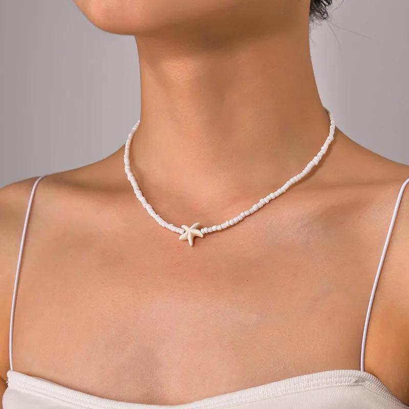 Bohemian Rice Beads Starfish Pendant Necklace for Women Handmade Imitation Pearl Colorful Beaded Choker Summer Beach Jewelry