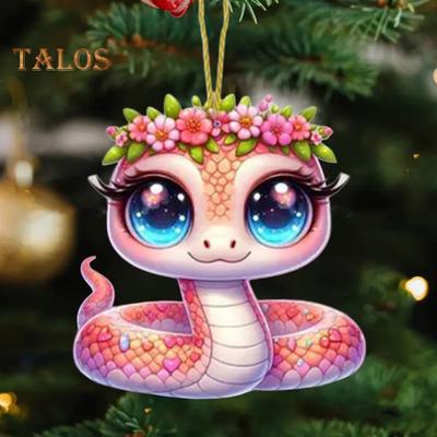 Pink Flower Snake Pendant Acrylic Christmas Tree Hanging Car Decoration Funny Snake Lover Xmas Gift for Car Rearview Mirrors Windows Bags