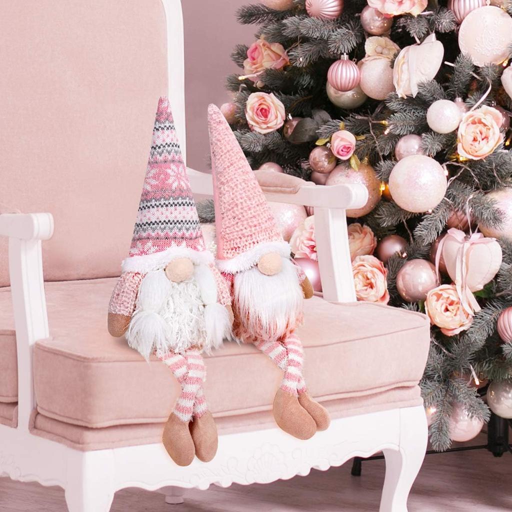 D-FantiX Pink Christmas Valentine Gnomes Decorations, 2Pack Handmade Swedish Tomte Gnome with LED Lighting Nose Scandinavian Figurine Pink Gnomes