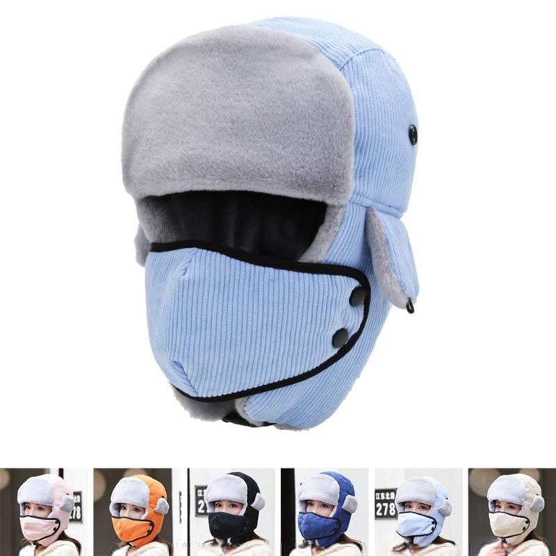 Female warm imitation rabbit fur corduroy with mask winter travel male cute velvet thickened cotton hat
