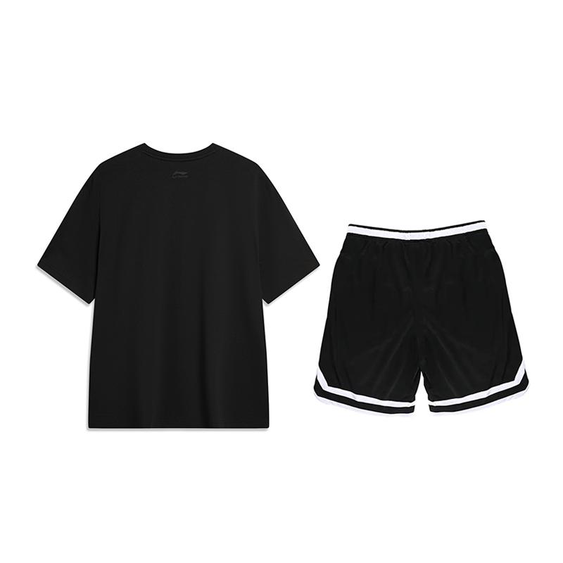 Li-Ning Fashion Solid Color Short Sleeve T-Shirt Comfortable Striped Competition Shorts Casual Sports Suit Unisex Sportswear Black AHSU711-1+YAPV001-1