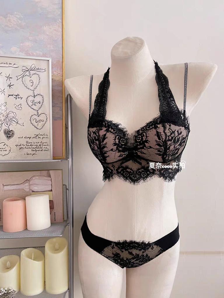 Beautiful back neck underwear small breasts gather and show big sexy lace palm cup bra no steel ring bra set