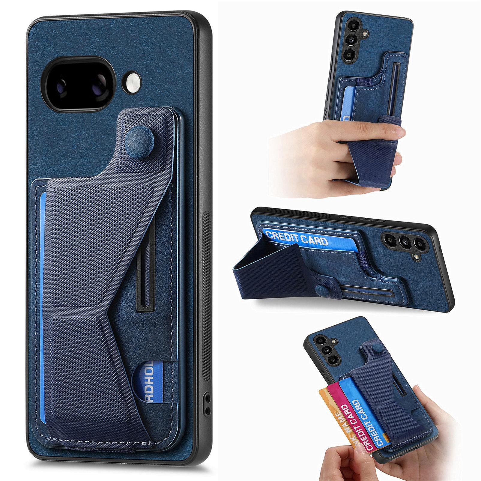 

For Google Pixel 9a Case with Card Slot Kickstand Retro Leather Back Cover Blue