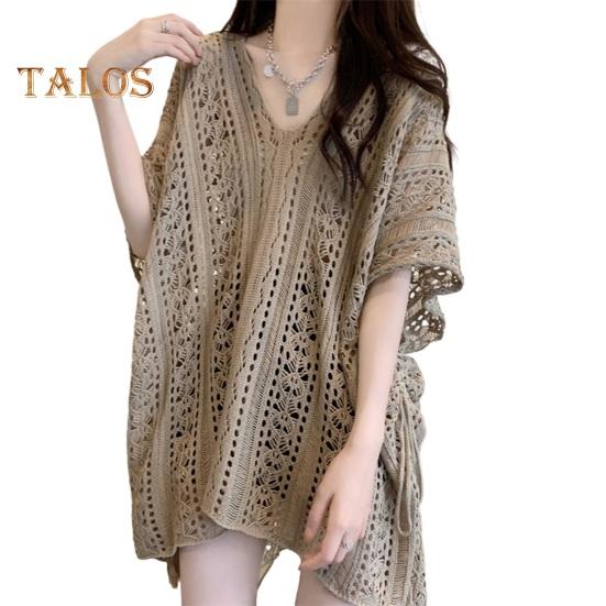 Cover Up Dress V-Neck Short Sleeve Hollow Out Breathable Loose Fit Summer Tops Beach Bikini Cover Up