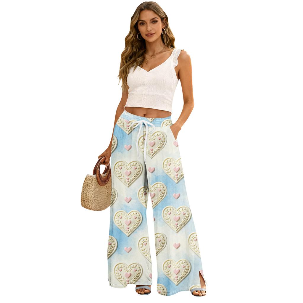 Γυναικεία Καλοκαιρινή Μποέμ Παλάτσο Παντελόνα Ψηλόμεση Φαρδύ Πόδι με Πρίτινγκ Καθημερινό Παντελόνι με Τσέπες