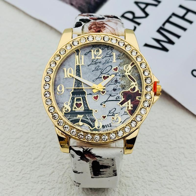 

JYL Women s Watch Eiffel Tower Diamond Printed Leather Strap White usafa синий