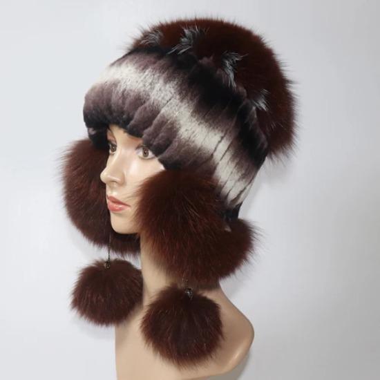 Elastické Pletené Čepice z Králičí Rex Fur Handmade Čepice z Pravé Kožešiny s Liščími Ušima Pravá Kožešina Sněžná Čepice Kukly pro Ženy Designérská