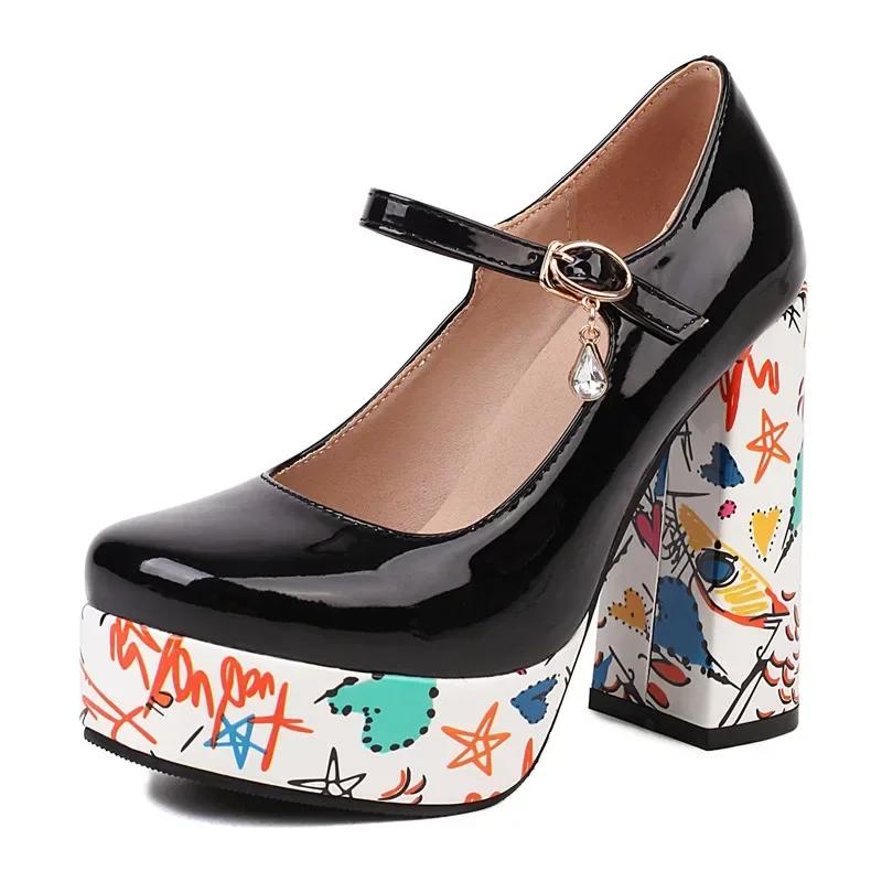 

Big Size Women Platform Mary Janes White Blue Patent Leather High Chunky Heels Ladies Summer Square Toe Concise Club Party Pumps 35 чёрный