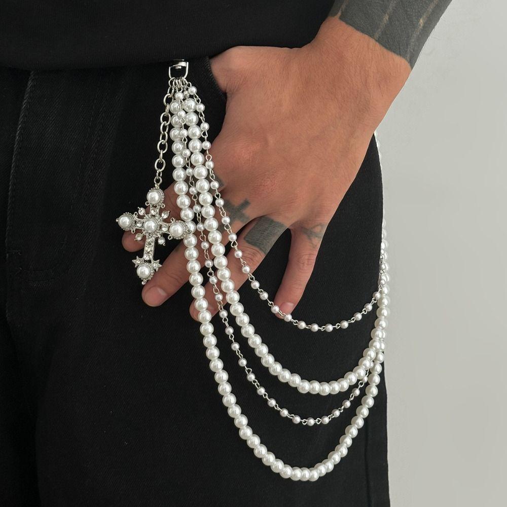 Punk Rock Cross-shaped Pearl Waist Chains Metal Pendant Pant Chain Waist Chain  For Women Man