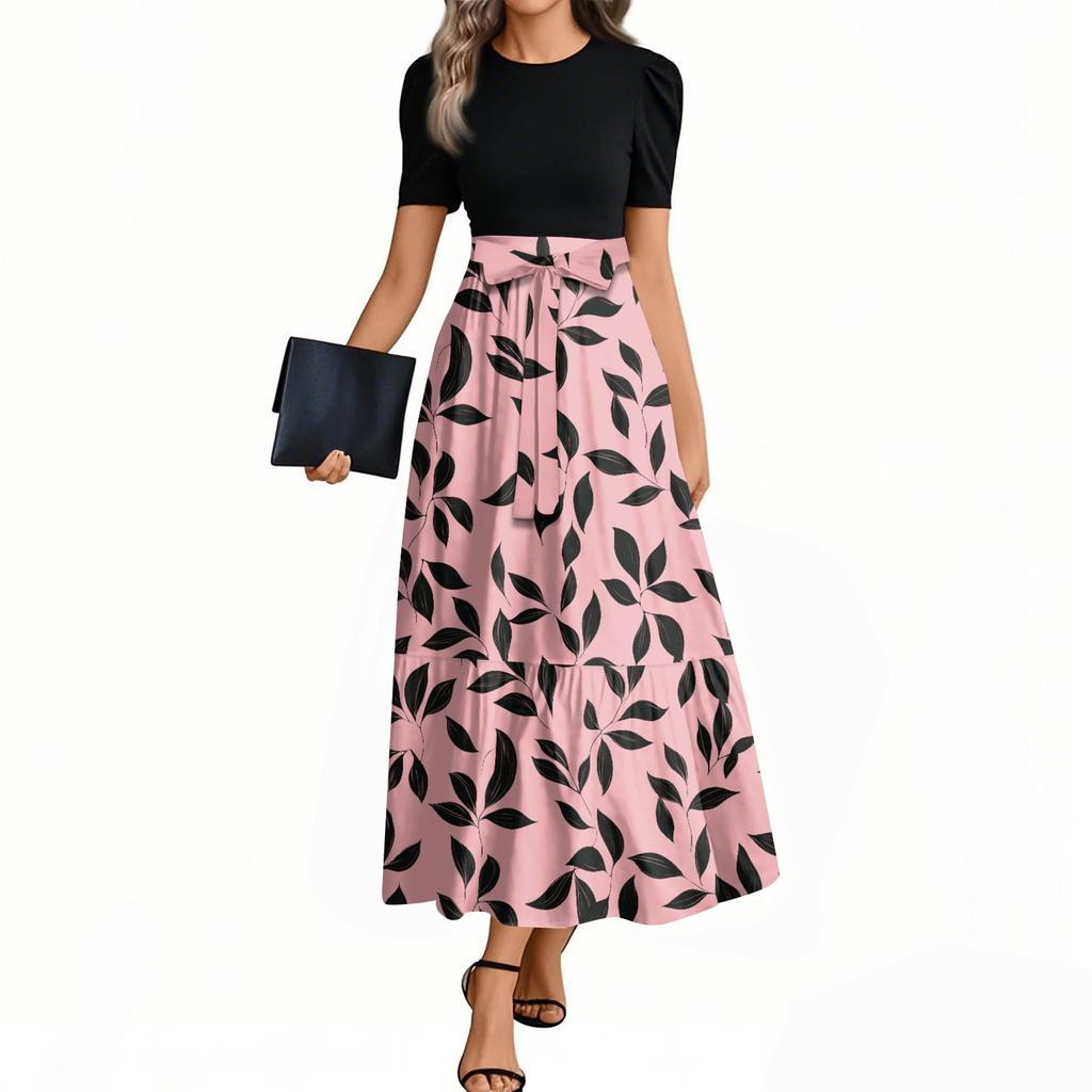 Women's Fashion Casual Belt Short Sleeve Round Neck Floral Stitching Elegant Temperament Dress