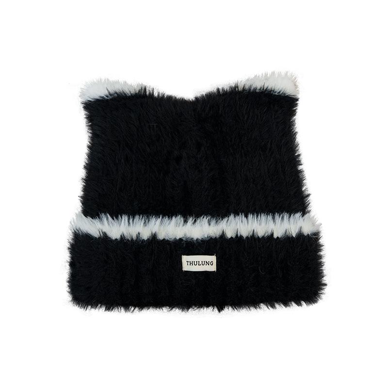 Women s autumn and winter warm casual headgear shows the face small and versatile knitted hat sweet and cute cat ears plush hat One size