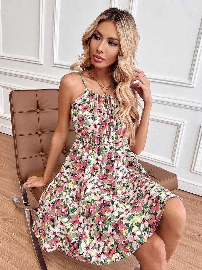 Fresh Floral Halter A-line Mini Dress with Tie Waist for Every Occasion