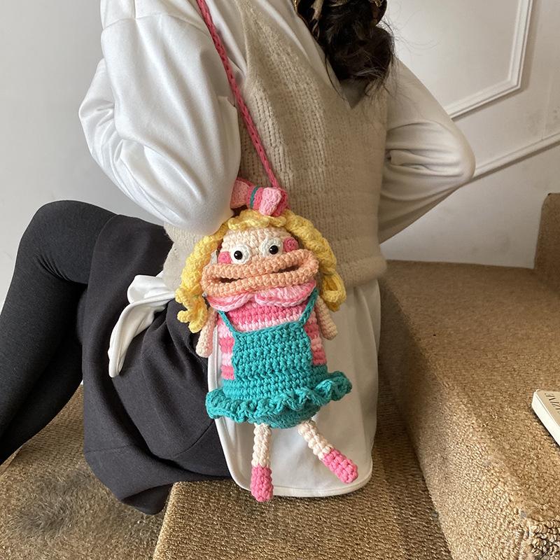 Borsa a Spalla Singola Lavorata a Mano con una Bambola a Bocca Larga per Borsa a Tracolla per Bambini o Borsa per Bebè.