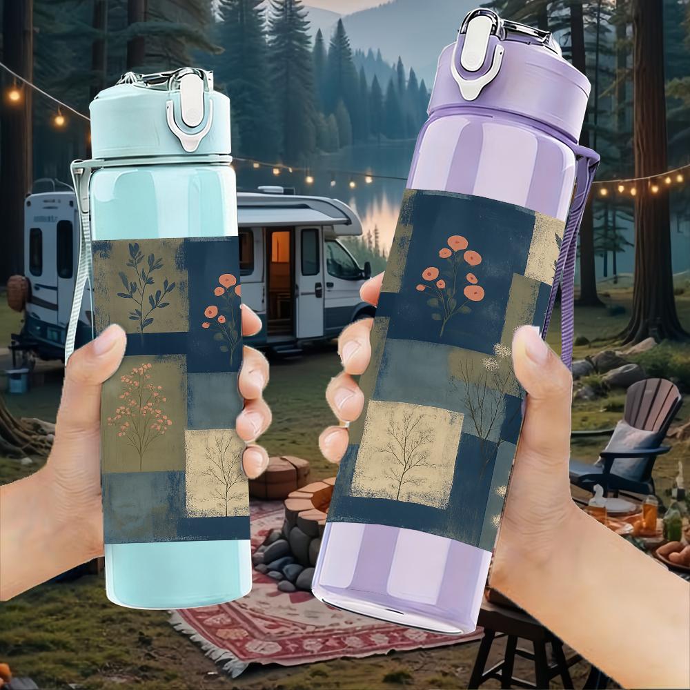1PC Patchwork Square Fabric Texture 750ml Color Plastic Sports Water Bottle Leakproof Flip Straw Lid Suitable for Sports Office Home Use
