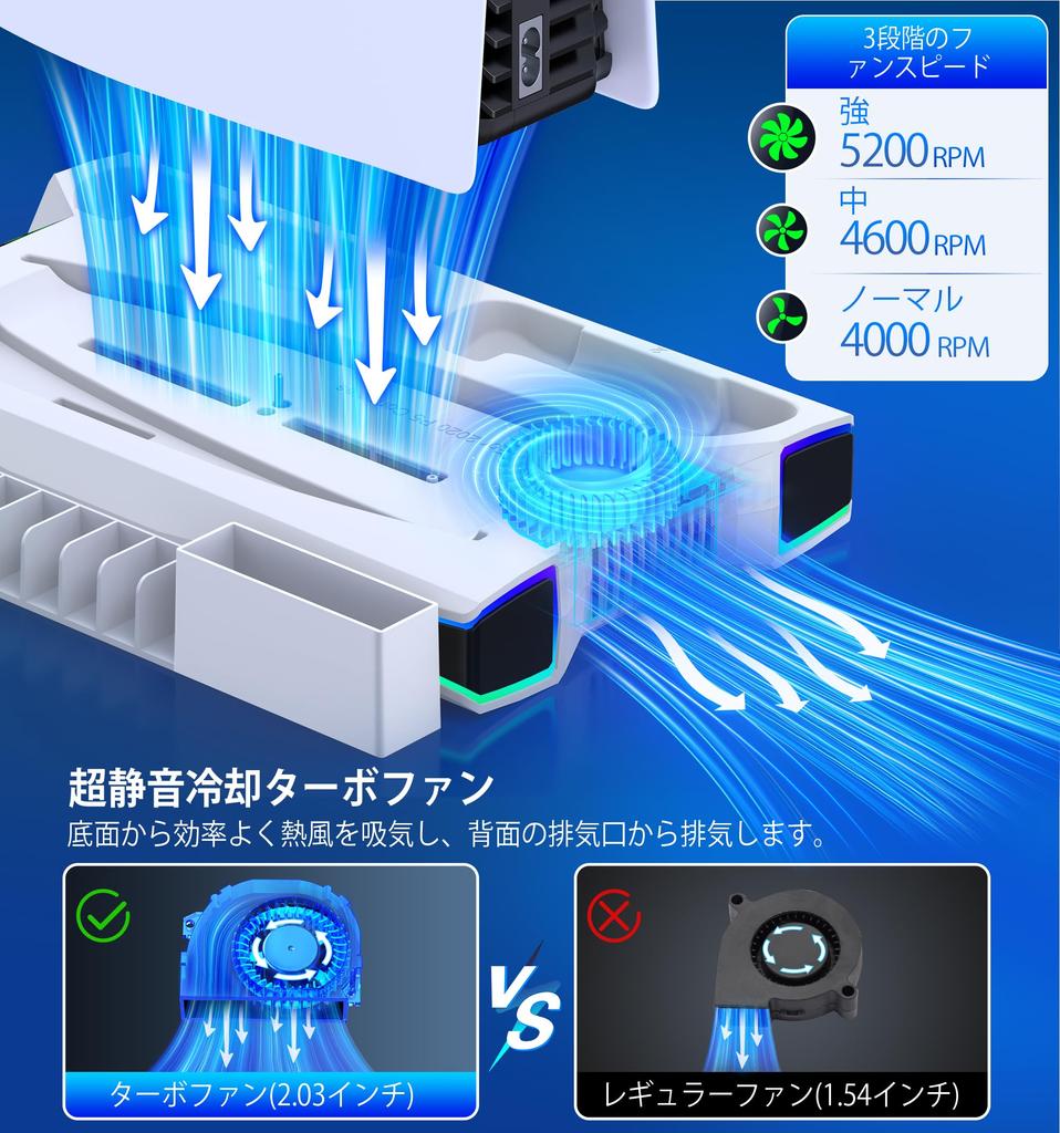 PS5 Vertical Stand with RGB Cooling Controller Charging Station PS5 Accessories with Headset and Three Charging Ports Silm/PS5 3-Stage Fan,