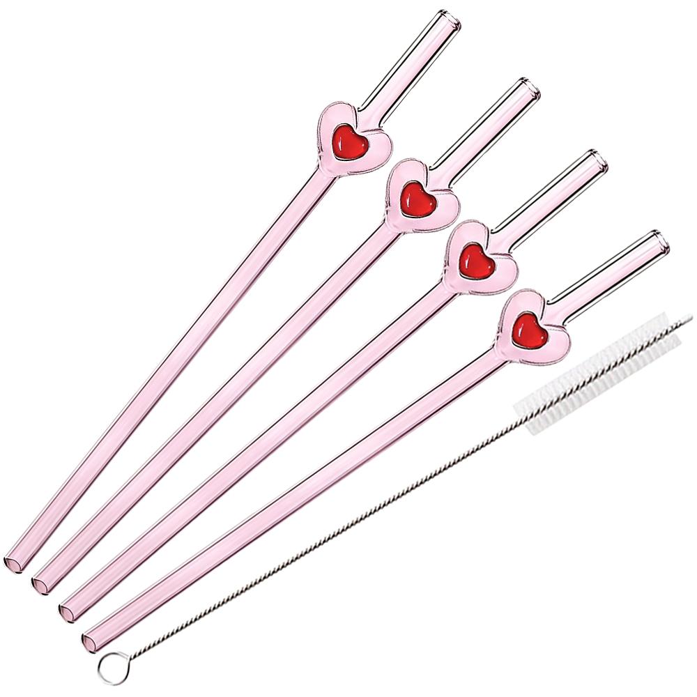 4 Stück Glasstrohhalme Wiederverwendbare Süße Herz-Glasstrohhalme 7,8 Zoll*8mm Glasstrohhalme mit 1 Reinigungsbürste, Valentinstagsgeschenk