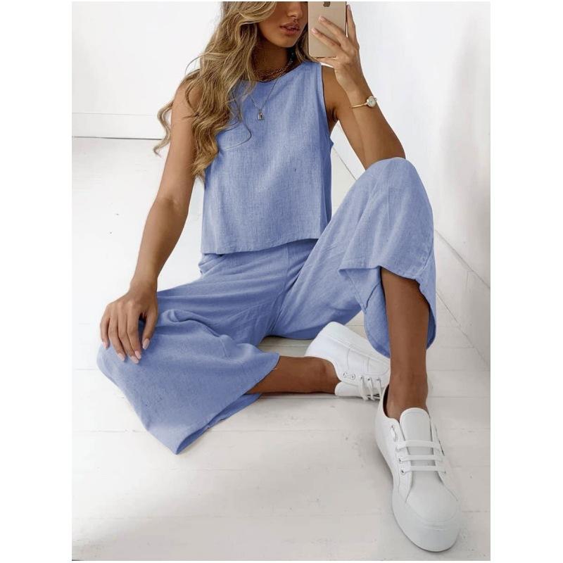 Amazon's popular 2024 summer new cotton and linen suit European and American sleeveless top nine-point wide-leg pants two-piece set for women