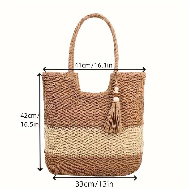 

Simple contrasting straw bag women s seaside vacation woven bag large capacity zipper tote bag shoulder beach bag portable Welt zipper