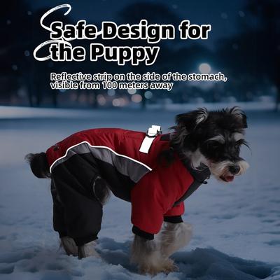 Warmer Hundemantel 4 Beine Ganzkörperbedeckt Winddicht Winterhunde Weste mit Geschirr Reflektierender Rollkragen Hunde Schneeanzug Pufferjacke