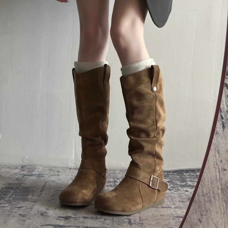 Ruodan Birken Boots Women's Autumn 2025 New But Knee Skinny Boots Inner Height Increasing Folds Stacking Boots