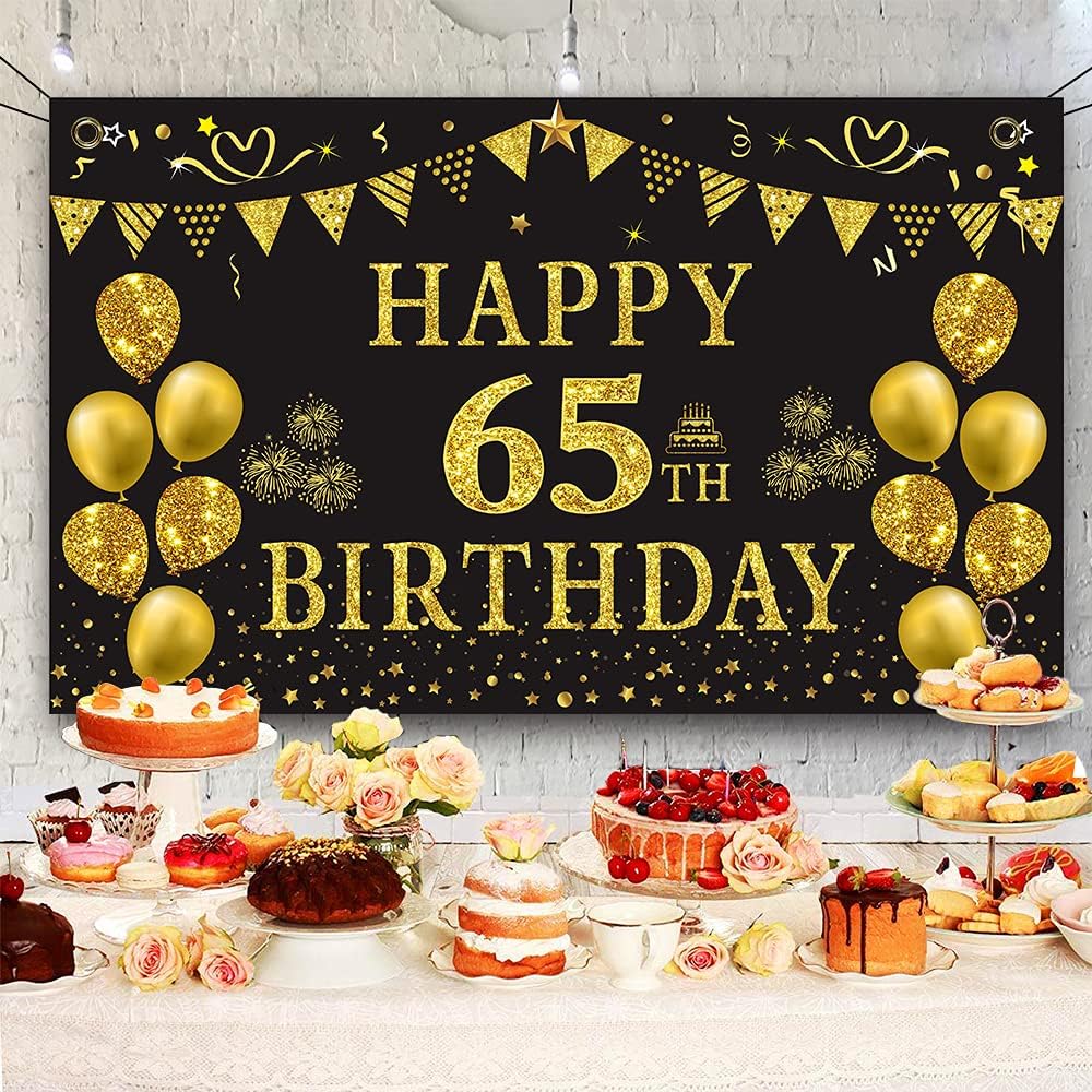 Trgowaul 65th Birthday Backdrop Gold and Black 5.9 X 3.6 Fts Happy Birthday Party Decorations Banner for Women Men Photography Supplies Background