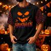 Men's Casual Corduroy Round Neck Lightweight Breathable Short Sleeve Top Halloween Print Lettering Design